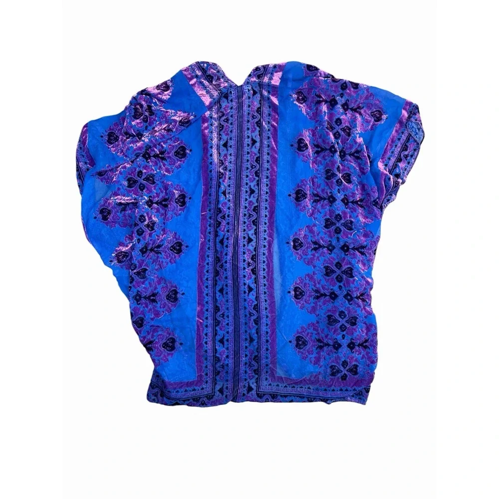 Free People All Tied Up Blue Purple Burnout Velvet Kimono Open Front One Size
